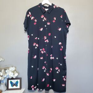 J. Jill Shirt Dress Petite Size Large Black Floral Ginger Pima Cotton Pockets